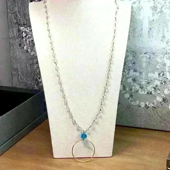 Vintage Clear Glass Crystal Necklace with Blue Dangle Pendant - Picture 1 of 3